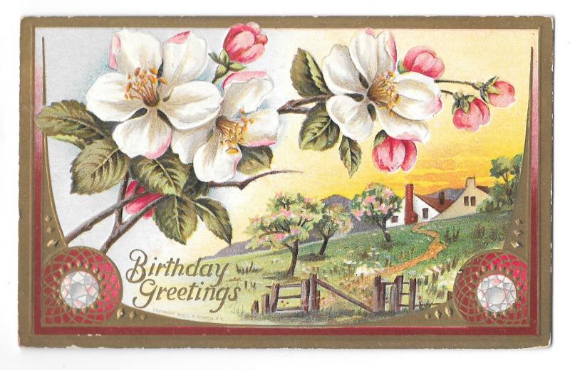 Birthday Greetings Apple Blossoms Country Scene Embossed Gold Gilded Postcard