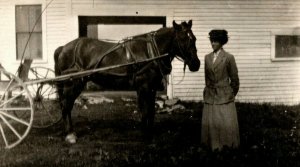 Vintage 1910's RPPC Postcard Woman Stands Next to Horse & Buggy on Farm