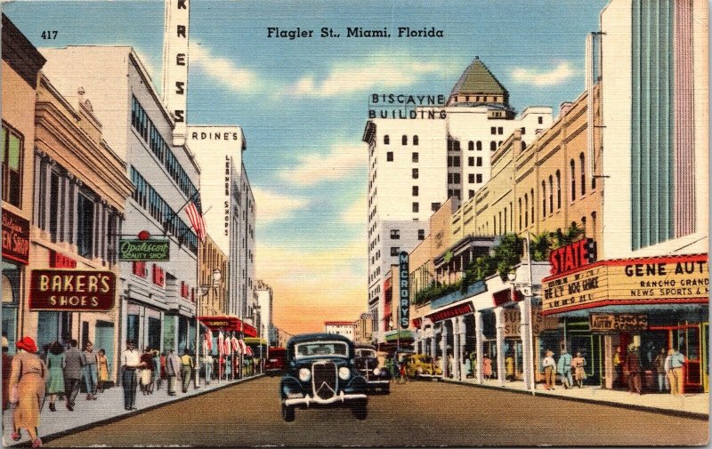 Flagler Street Downtown Miami Florida Old Cars Linen Cancel WOB Postcard 