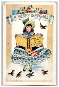 c1910's Merry Christmas Woman Santa Claus Book Birds Camp Hill PA Postcard