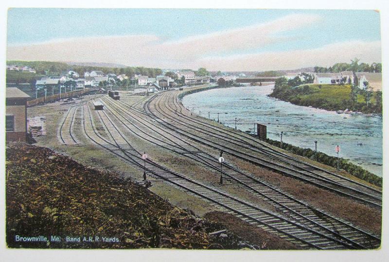 BROWNVILLE ME BAND A.R.R. YARDS railroad train railway ANTIQUE POSTCARD