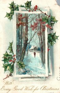 Vintage Postcard 1906 With Every Good Wishes For Christmas Winter Snow Design