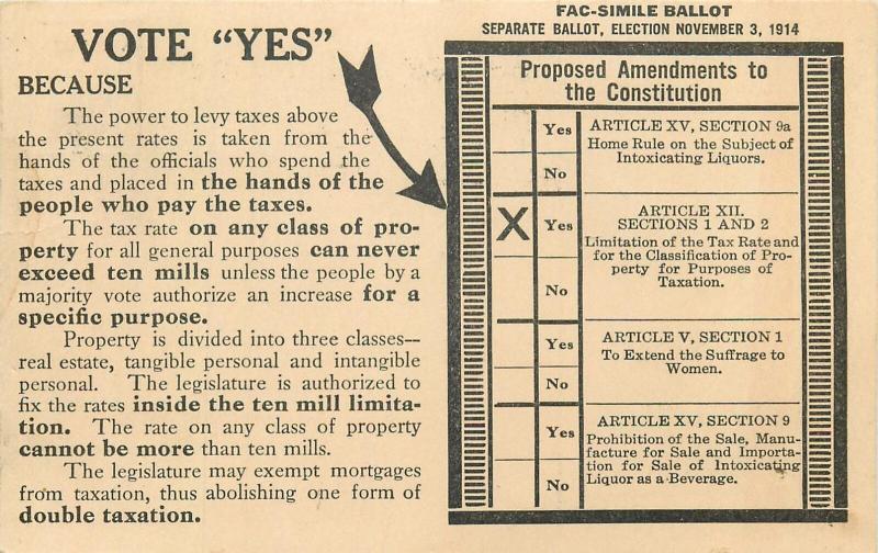 Ballot Election 1914 Constitution Amendaments Tax Rate Limitation Women Suffrage