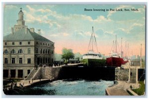 c1910 Boats Lowering Poe Lock Steamer Ship Soo Michigan Vintage Antique Postcard