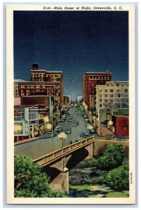 Greenville South Carolina Postcard Main Street Night Road c1940 Vintage Antique