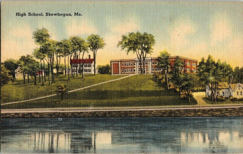 High School Skowhegan Me Maine Vintage Linen Postcard WOB Note Writing PM Vtg 