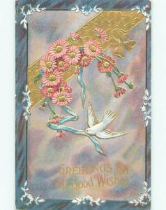 Pre-Linen WHITE DOVE BIRD WITH BLUE RIBBON AND PINK FLOWERS k8613