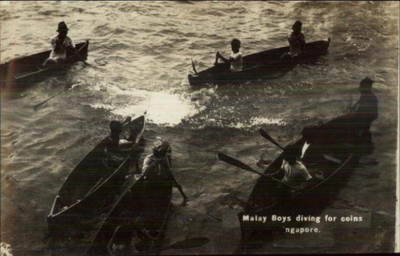 Singapore Malay Boys Diving For Coins c1920 Real Photo Postcard