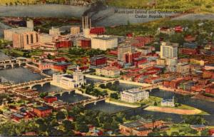 Iowa Cedar Rapids Aerial View Of Loop District Municipal Island and Quaker Oa...