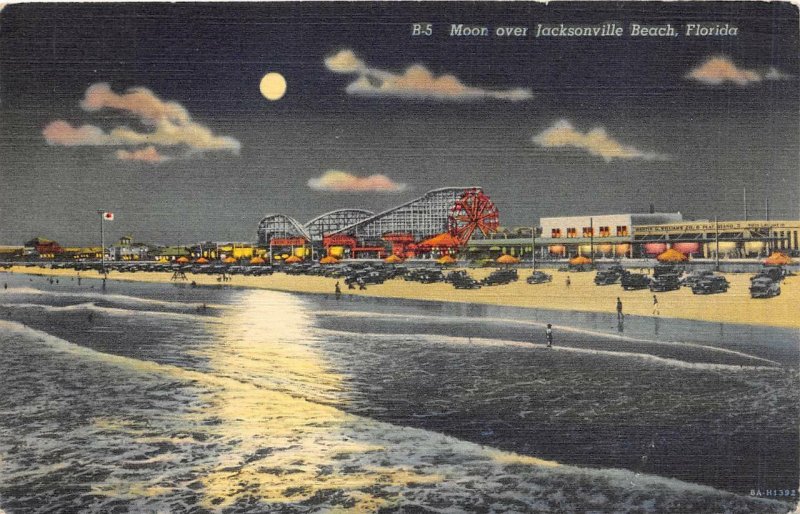 MOON OVER JACKSONVILLE BEACH FLORIDA ROLLER COASTER RIDES POSTCARD 1938