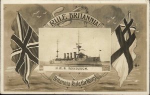 Battleship British Navy HMS Roxburgh NICE 1914 POSTAL CANCEL Rule Britannia RPPC