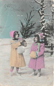 Lot349 christmas greetings girl with fir uk