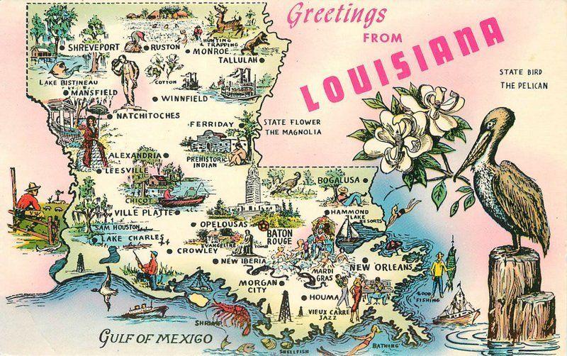 1940s Large Letters Louisiana map attractions Tichnor postcard 3708