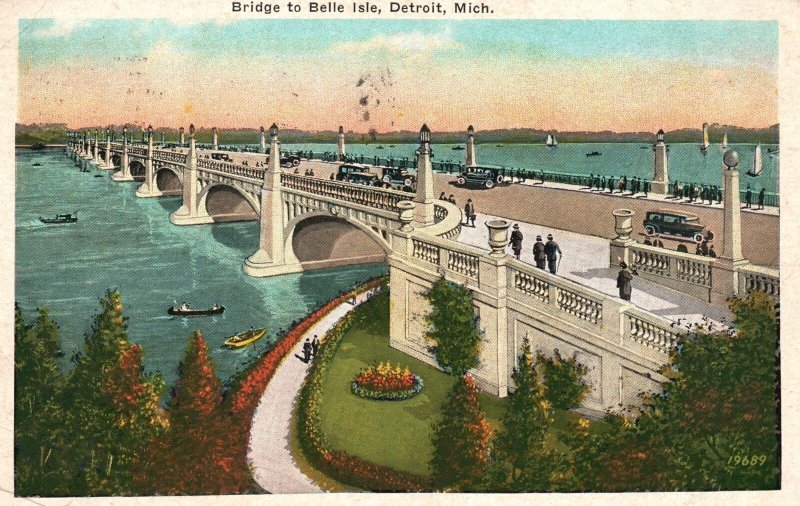 Vintage Postcard 1932 Aerial View of Bridge to Belle Isle Detroit Michigan UNC