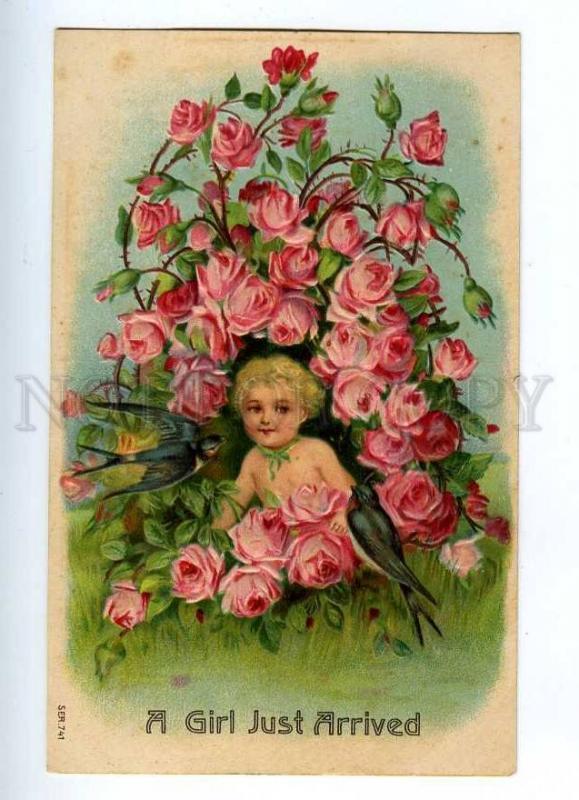 187149 Girl Just Arrived ROSES Swallow Vintage EMBOSSED PC