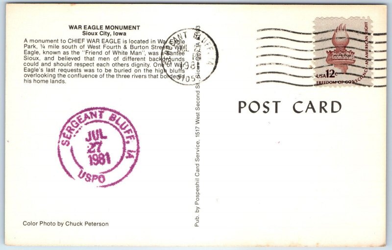 1981 Sergeant Bluff, IA Purple USPO Postal Office Cancel PC Iowa History A266