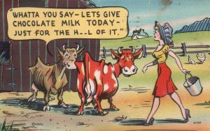 Vintage Postcard 1945 Sexy Lady Animal Farm Cattles Lets Give Chocolate Milk
