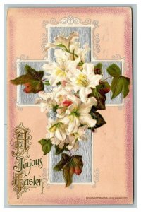 Vintage 1912 Winsch Back Easter Postcard Silver Cross White Flowers Fine Letters