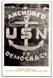 Anchored USN Democracy US Naval Training Station Sampson NY RPPC Photo Postcard 