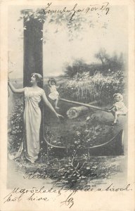 Alphabet letter L woman and children swing fantasy postcard 1904