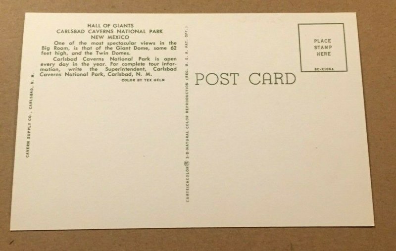 VINTAGE UNUSED  POSTCARD HALL OF GIANTS CARLSBAD CAVERNS NATL PARK, NEW MEXICO