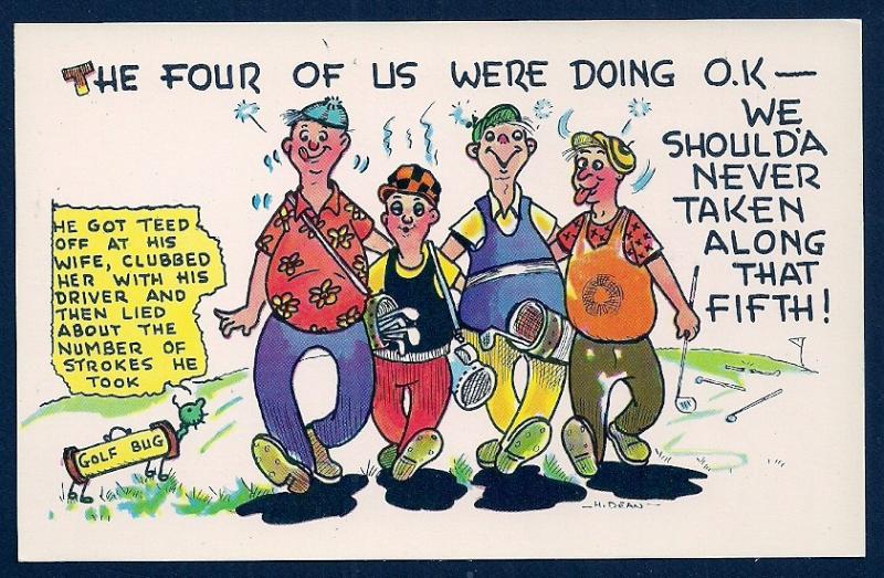 Four Drunk Golfers w/walking golf bag unused c1950's