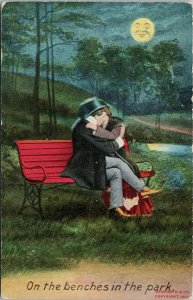 Man & Woman Kissing Hugging Park Bench Moonface c1909 Bamforth Postcard G46