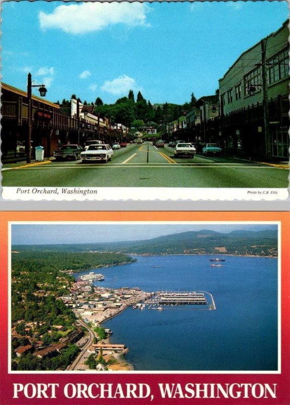 2~4X6 Postcards Port Orchard, WA Washington STREET SCENE & AERIAL VIEW~Marina