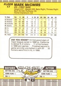 1989 Fleer Baseball Card Mark McGuire 1st Base Oakland Athletics sun0658