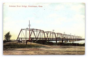 Postcard Arkansas River Bridge Hutchinson Kans. Kansas Horse & Buggy