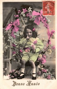 Vintage Postcard 1911 Bonne Annee Happy New Year Cute Girl Curly Hair Greetings