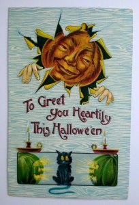 Halloween Postcard Gottschalk Fantasy Goblin Green JOL Black Cat Buffalo 1911