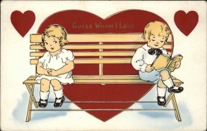 Whitney Valentine Little Girl Eyes Boy Reading on Bench c1910 Romance Postcard