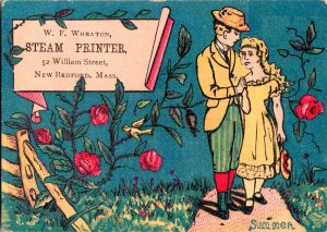Romantic Victorian Couple, Birds, Flowers, Hats Steam Printer Antique Trade Card