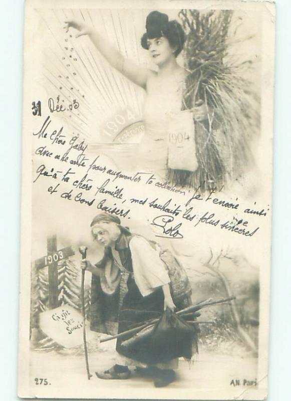 rppc 1903 New Year OLD WOMAN WITH YEAR 1903 & PRETTY GIRL WITH 1904 YEAR AC8027