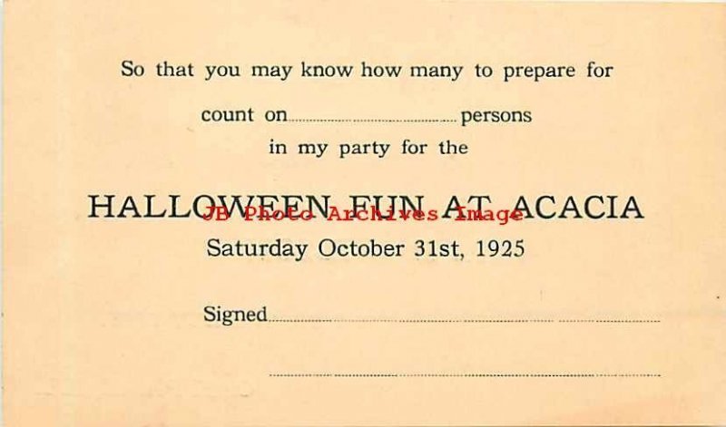 Halloween, Postal Card, Acacia Fraternity 1925 Party Invitation, Oak Park IL