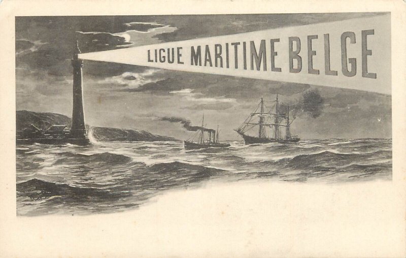 Belgian Maritime League lighthouse and sailing vessels navigation 1900s postcard