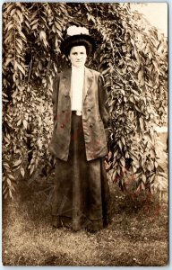 c1910s Outdoors Lovely Lady Woman RPPC Girl Dress Real Photo Flower Hat Fun A160