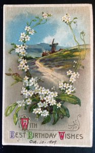 Vintage Victorian Postcard 1909 With Best Birthday Wishes - White Flowers