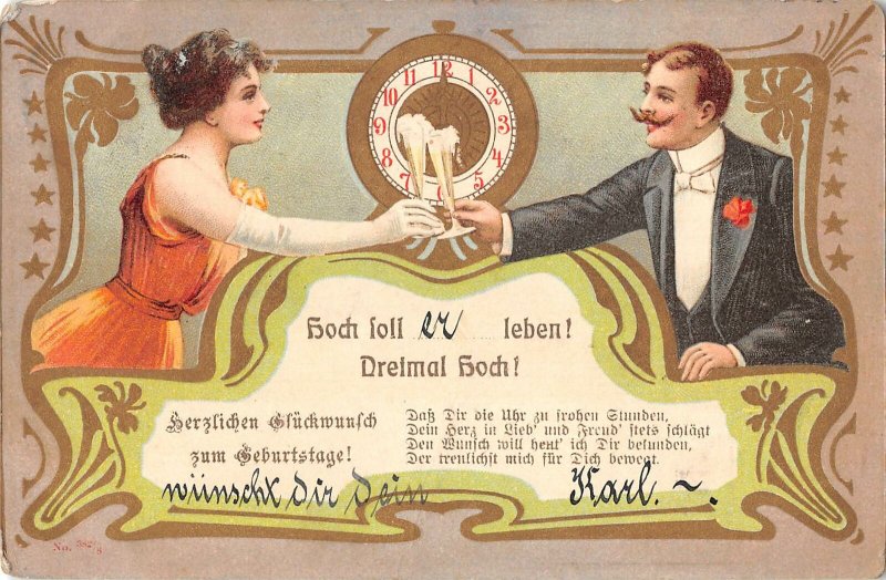 US3433 Hoch Foli Leben ! Dreimal Hoch, Couple Cheering New Year Clock greetings