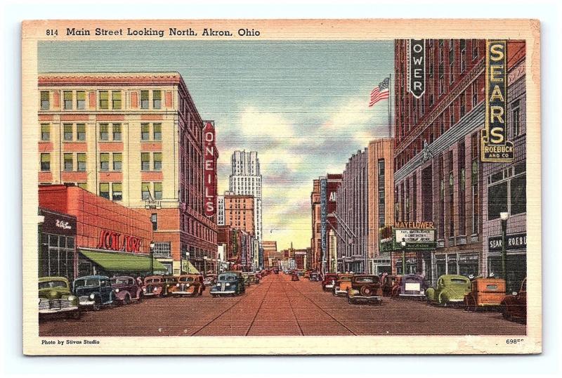 Postcard OH Akron Main Street North Street View Old Cars Stores Linen G06