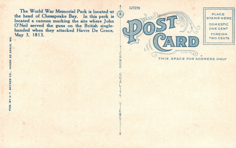Vintage Postcard 1920's City Park Havre De Grace MD Maryland Flag and