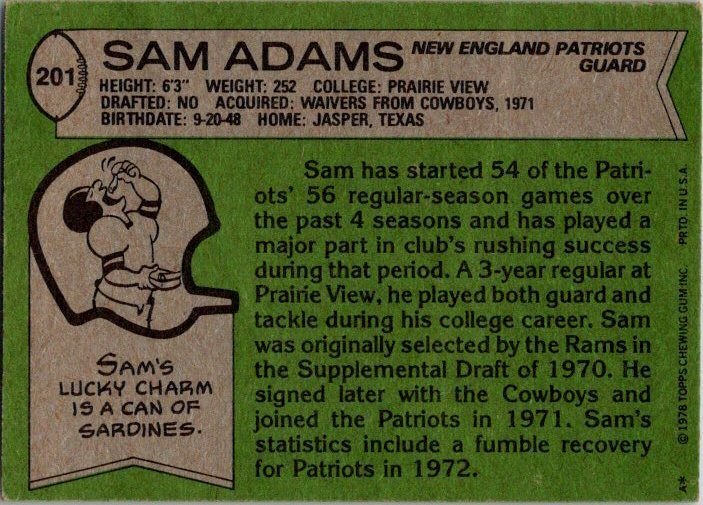 1978 Topps Football Card Sam Adams New England Patriots sk7361