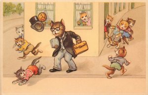 Anthropomorphic Dressed Cats Kittens Knock The Top Hat Off Of Fancy Man Postcard