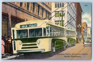 Seattle Washington WA Postcard Trackless Trolley Downtown District Building 1940