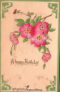 Vintage Postcard 1900s Happy Birthday Greetings Card Pink Flowers Floral Blooms 