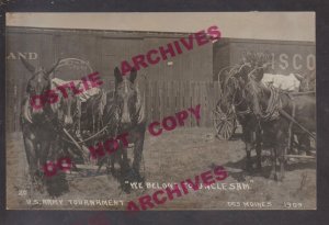 Des Moines IOWA RPPC 1909 US ARMY TOURNAMENT Railroad MULE TEAM Belong Uncle Sam