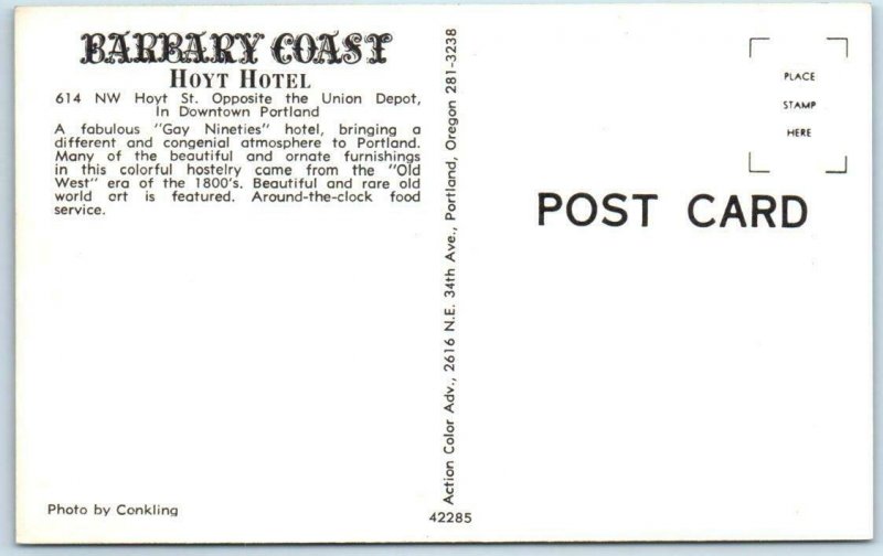 PORTLAND, Oregon OR ~ Roadside BARBARY COAST Hoyt Hotel ~ Postcard