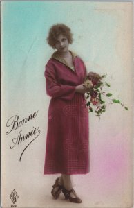 Beautiful Lady Glamour Coloured Bonne Annee  Vintage RPPC C206