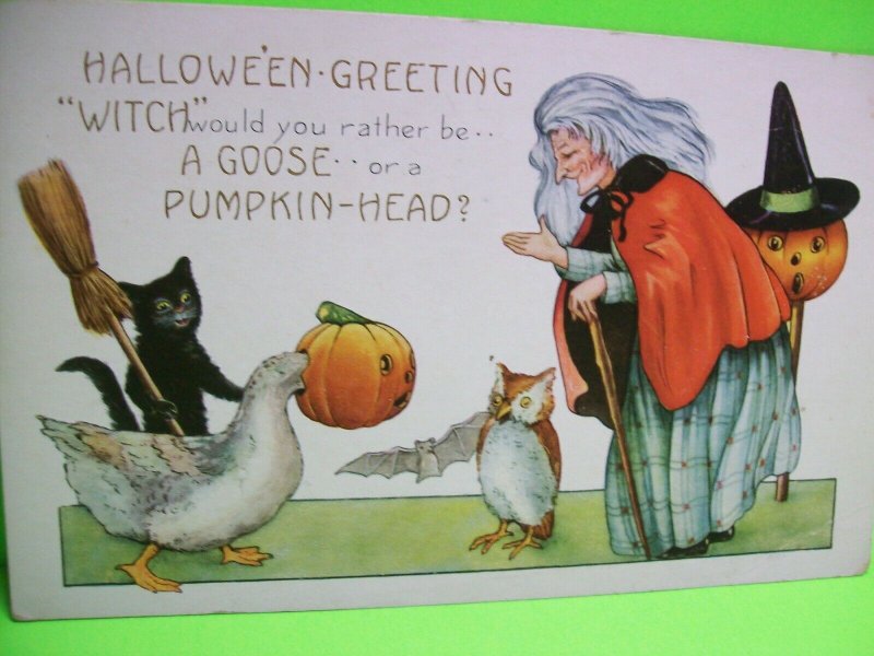 Vintage Halloween Postcard Whitney Gray Hair Witch Goose Owl Black Cat Original 